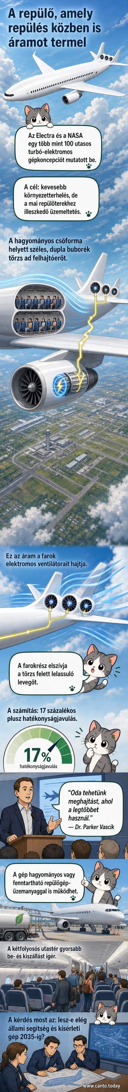 Futurisztikus, széles törzsű repülőgép repül egy napsütéses égen, a szárnyak alatt turboventilátorok, a faroknál elektromos ventilátorok láthatók.