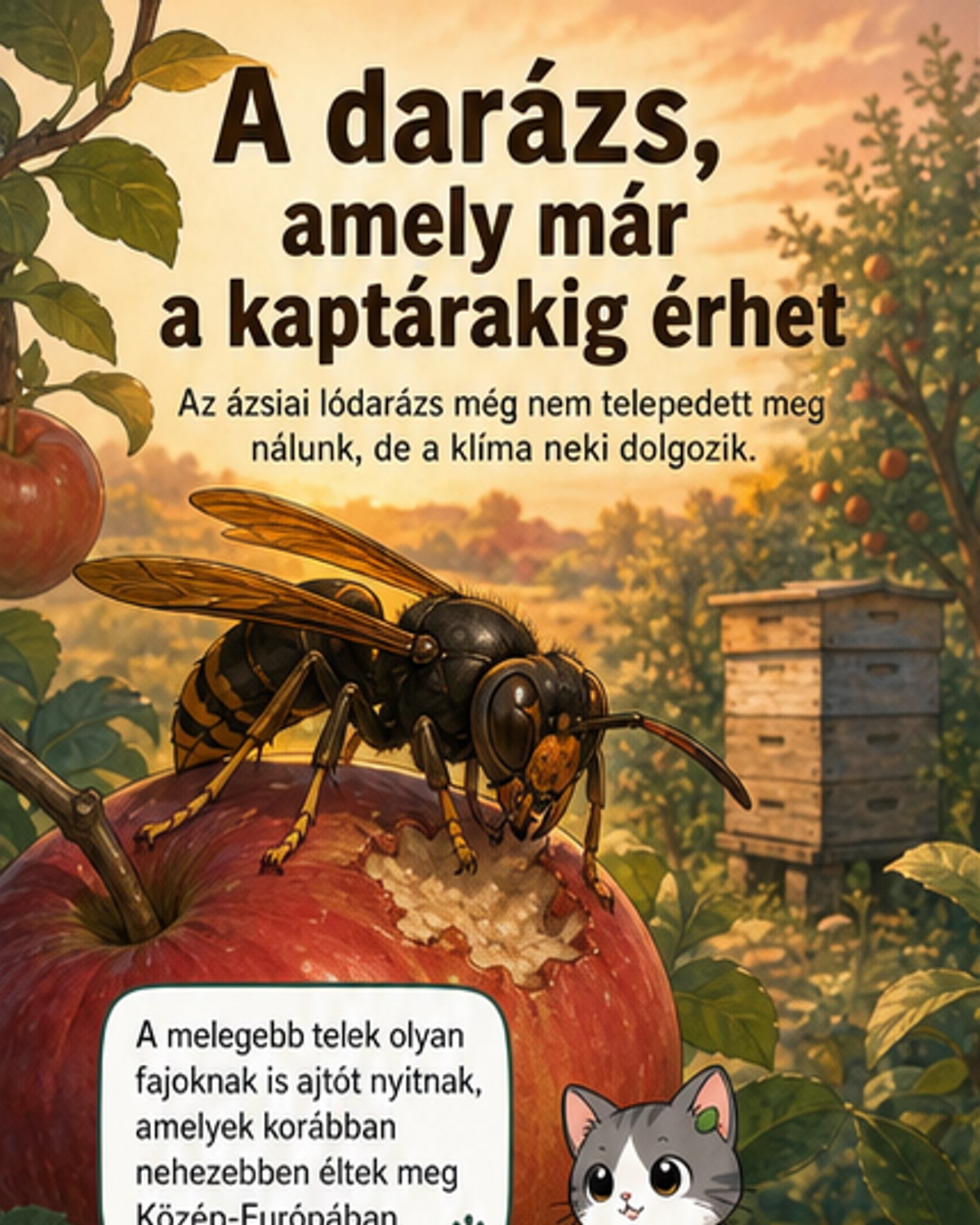 Illusztráció: ázsiai lódarázs repül egy méhkas közelében, a háttérben mezőgazdasági táj.
