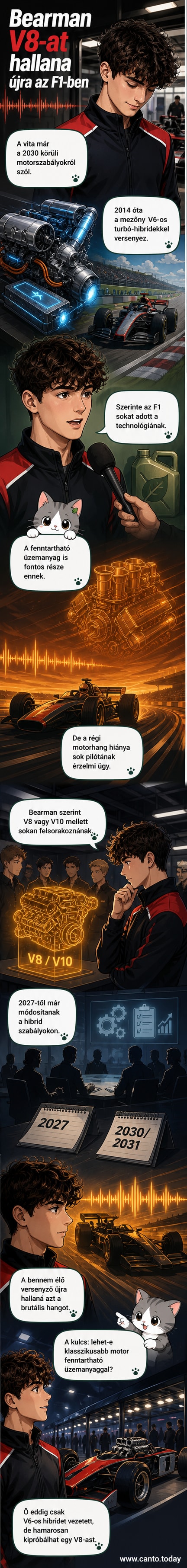 F1-es autó pályán, motorháztető felnyitva, V8-as motor látható, hátterében Oliver Bearman alakja