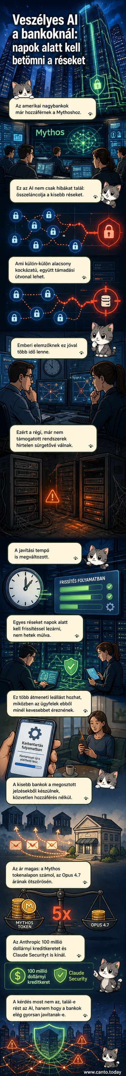 Illusztráció: digitális hálózatokon futó AI-algoritmus figyeli banki rendszereket, piros jelzések mutatják a feltárt biztonsági réseket.