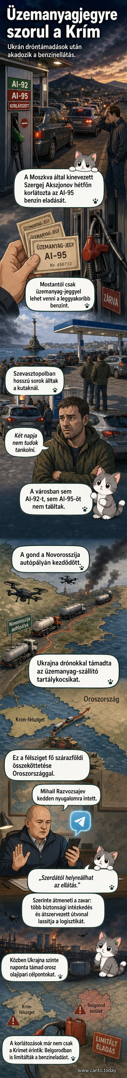 Illusztráció: hosszú sor áll egy krími benzinkút előtt, mögöttük drónok repülnek a távolban.