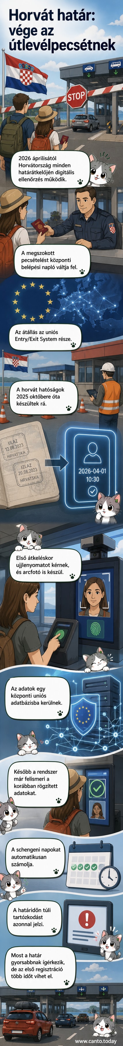 Digitális határellenőrző pont Horvátországban, ahol utasok ujjlenyomatot adnak és arcfotót készítenek, a háttérben határőrök és elektronikus terminálok láthatók.