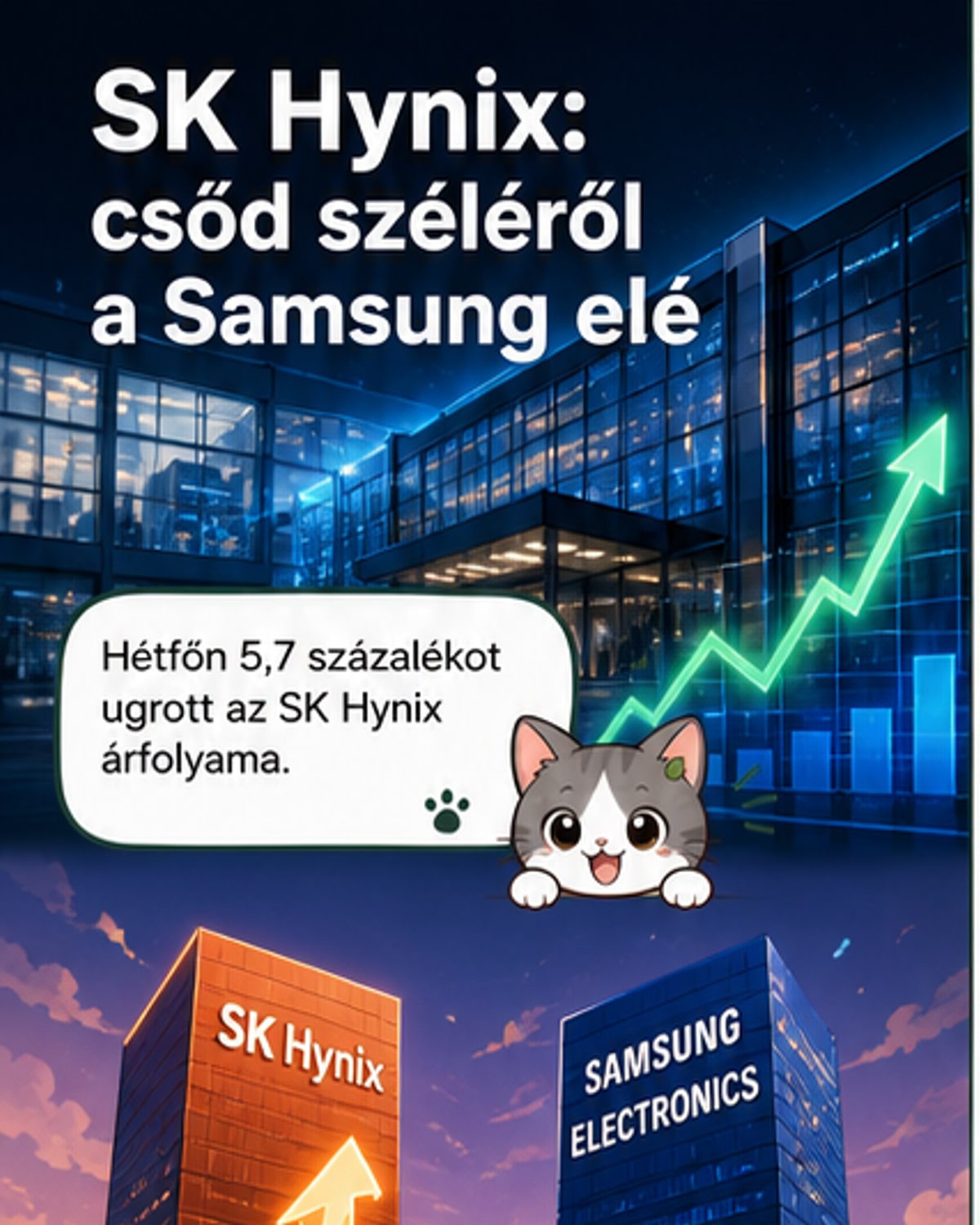 SK Hynix és Samsung logók egymás mellett, mögöttük tőzsdei grafikon emelkedő trenddel, Dél-Korea térképével