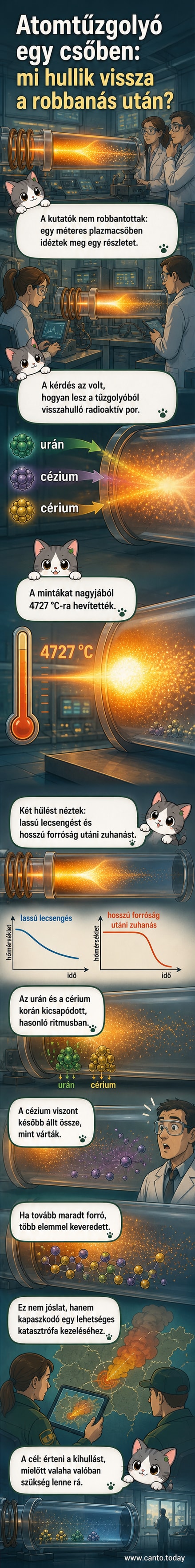 Laboratóriumi kísérletben plazmacsőben szimulált nukleáris robbanás utáni hűlési folyamat, három különböző elem (urán, cézium, cérium) kondenzálódási viselkedésének összehasonlítása.