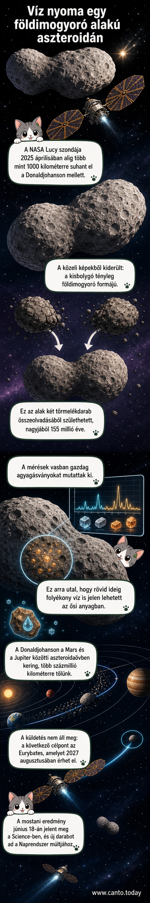Művészi ábrázolás a Lucy űrszondáról, amint elhalad a földimogyoró alakú Donaldjohanson aszteroida mellett, amelyen víz nyomait azonosították.