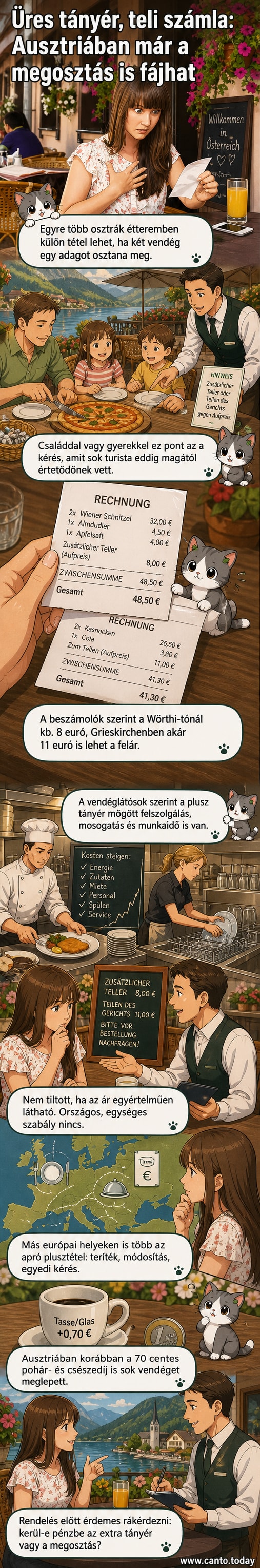 Két turista meglepett arccal néz egy számlára, mellettük üres tányér az asztalon, hátterben osztrák hegyek.