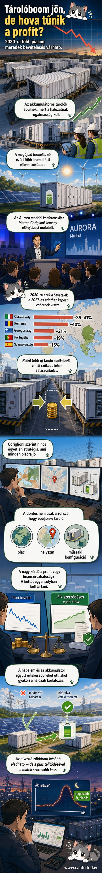 Illusztráció: napelemes mező mellett akkumulátoros energiatároló egységek, a háttérben viharos ég, szimbolizálva az energiapiac feszültségeit