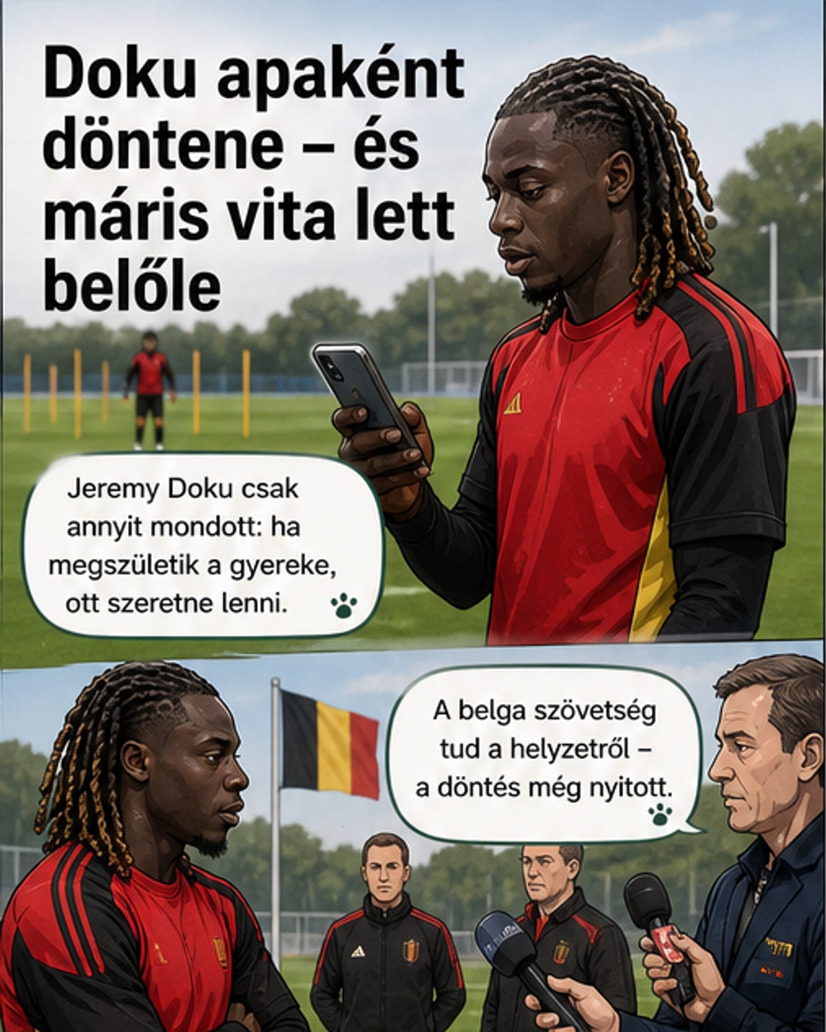 Belga labdarúgó, Jeremy Doku, a pályán, mögötte szülőszoba és focimeccs képei párhuzamosan