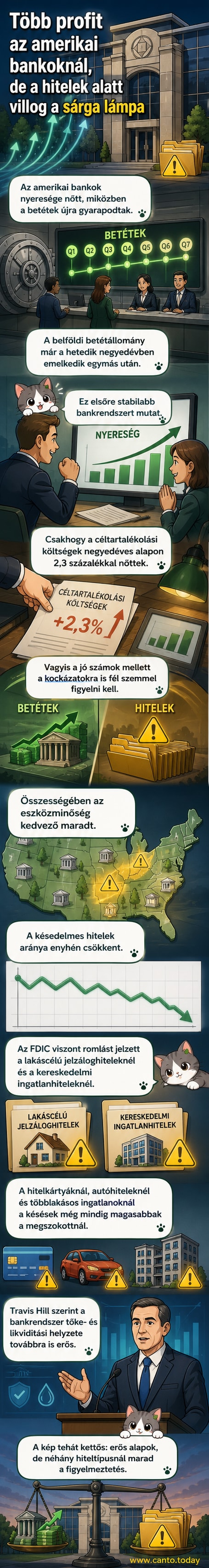 Illusztráció: amerikai bankfiók homlokzata, mögötte grafikon emelkedő nyereségi görbével.