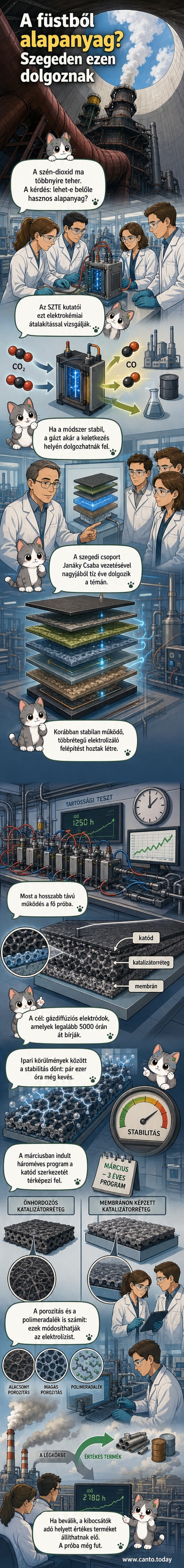 Szegedi kutatók laborban dolgoznak, képernyőn szén-dioxid átalakulásának folyamata látható, grafikonokkal és elektróda-modellel.