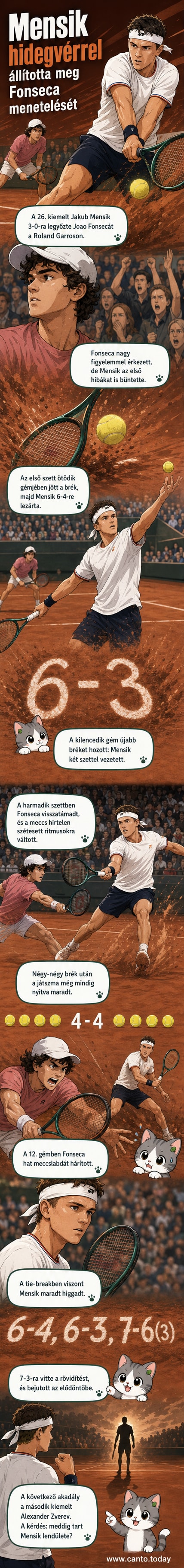 Jakub Mensik teniszezik a Roland Garros-pályán, Fonseca ellenfele háttérben.