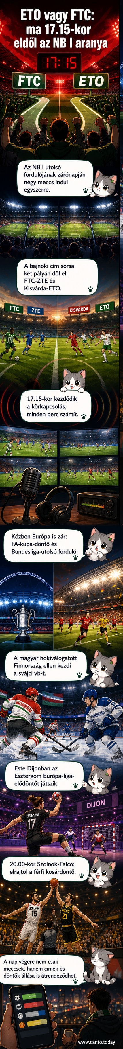 Két labdarúgó csapat szembesül egymással egy izgalmas meccsen, a stadionban tömeg szurkol. A kép a magyar NB I utolsó fordulójának döntő hangulatát idézi.
