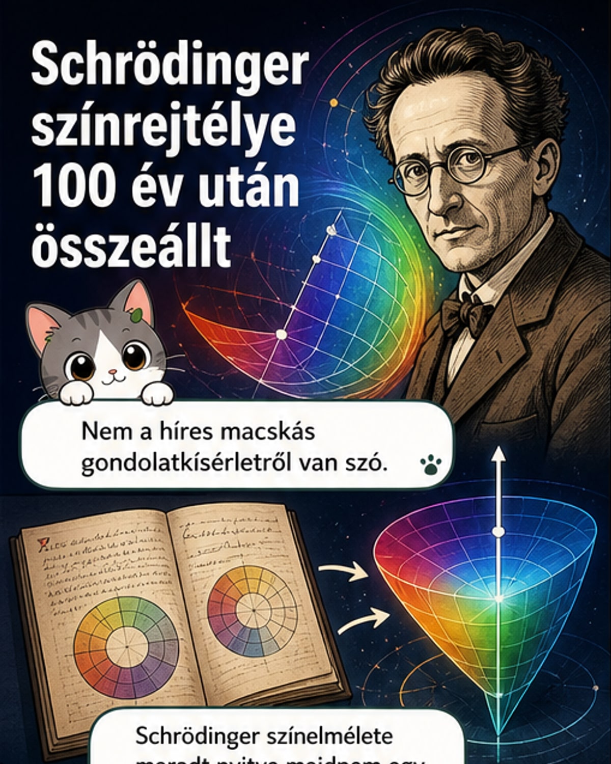 Illusztráció: Schrödinger macskája mellett egy 3D-s színtér ábrázolása, a semleges tengellyel és színkoordinátákkal.