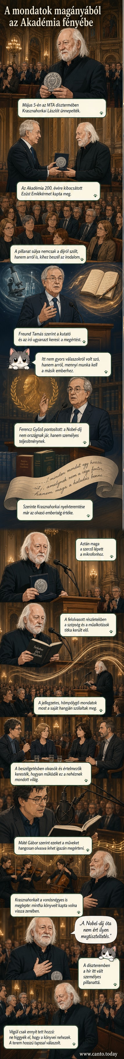 Krasznahorkai László az MTA dísztermében áll, kezében az Ezüst Emlékérmet tartja, körülötte tapsoló közönség.