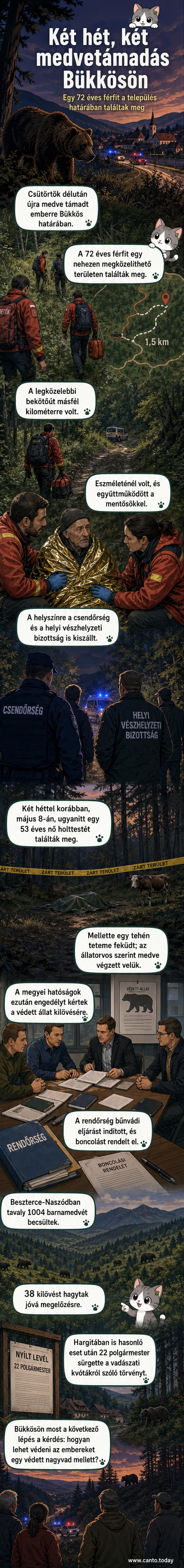 Két hegyvidéki falu közötti erdőben egy medve közelít meg egy fát, a háttérben hegyekkel és egy falusi házzal