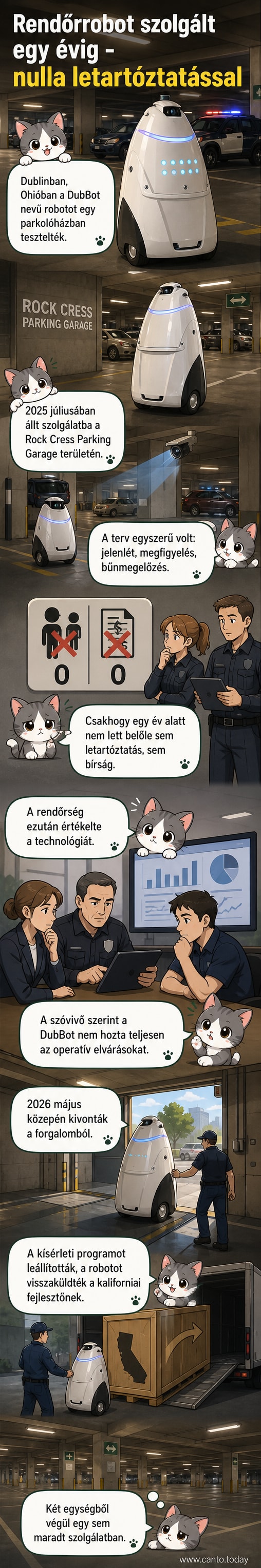 Egy fekete-fehér robot áll egy parkolóházban, mögötte a 'DubBot' felirat, alatta pedig a 'Nyugdíjazva' szöveg látható.