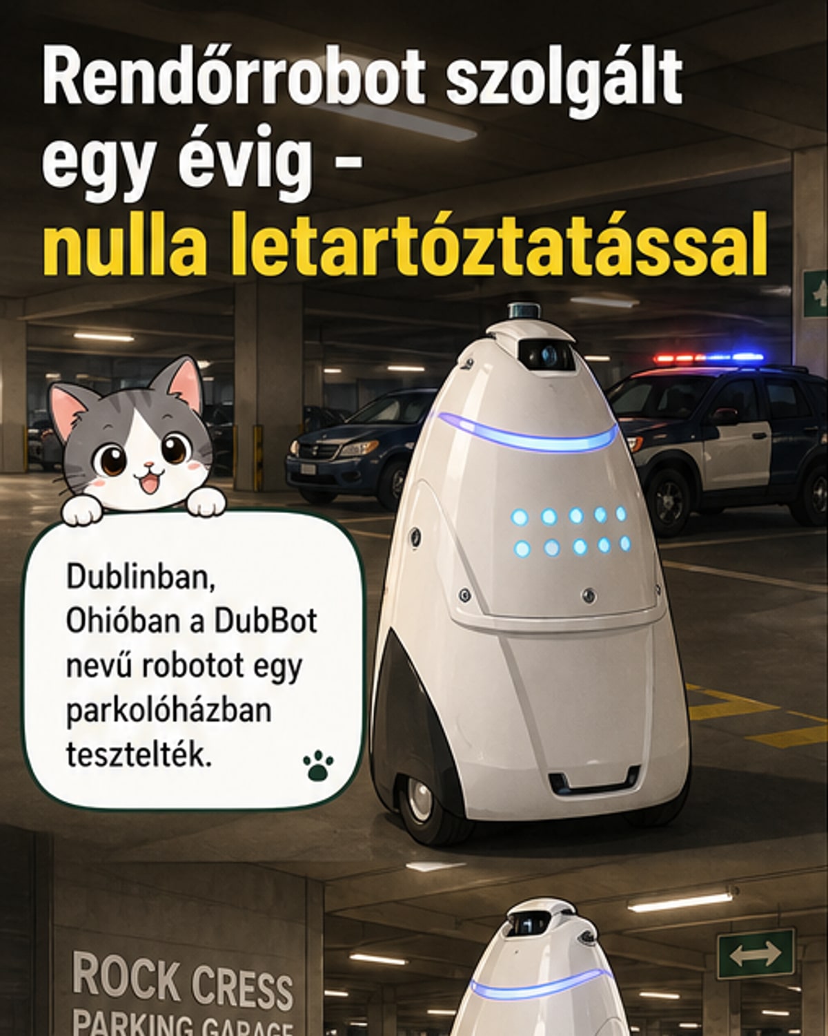 Egy fekete-fehér robot áll egy parkolóházban, mögötte a 'DubBot' felirat, alatta pedig a 'Nyugdíjazva' szöveg látható.