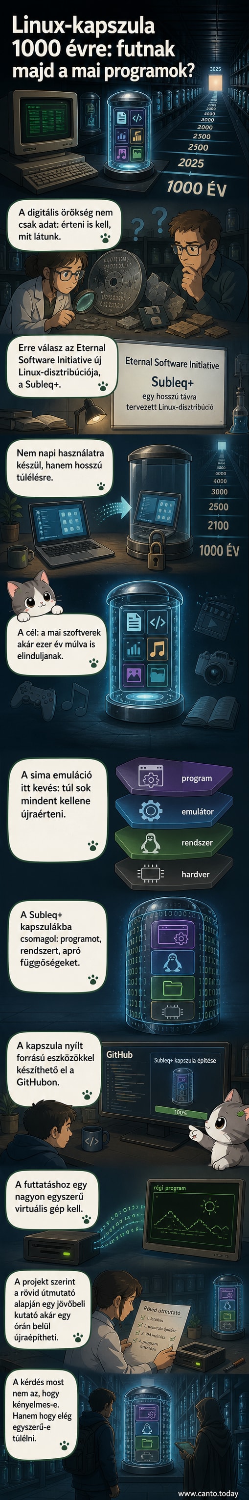 Egy futó szoftverkapszula képe, amint egy egyszerű virtuális gépen életre kel, körülötte számsorok és bináris kódok.