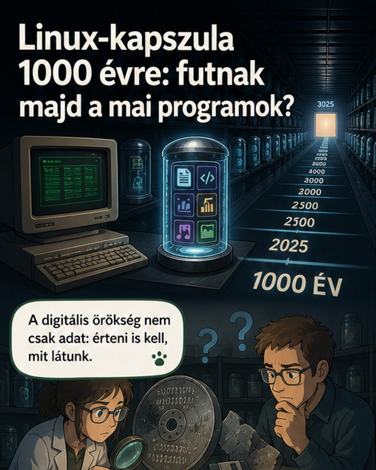Egy futó szoftverkapszula képe, amint egy egyszerű virtuális gépen életre kel, körülötte számsorok és bináris kódok.