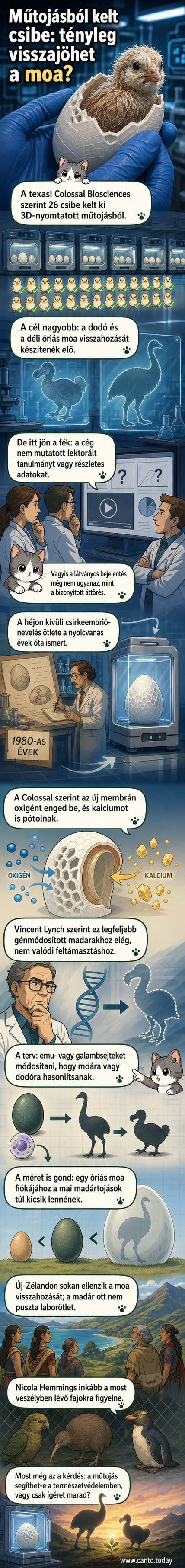 Mesterséges tojás laborban, benne fejlődő csirkeembrió, körülötte mikroszkóp és 3D-nyomtató