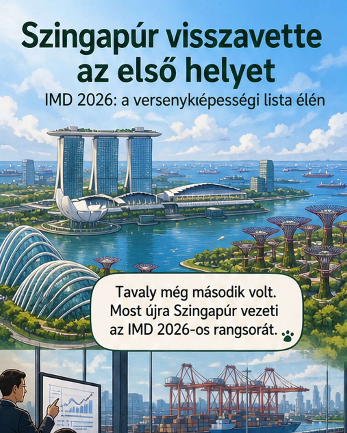 Szingapúr városképe és a világtérkép, ahol Szingapúr kiemelve van a versenyképességi rangsor élén