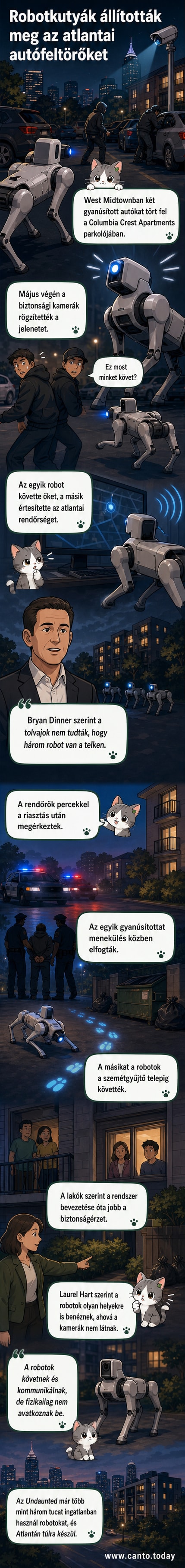 Két robotkutya mozog egy lakótelepi parkolóban, egyikük a kamera felé néz, a másik távolodik, háttérben autók és lakóházak.