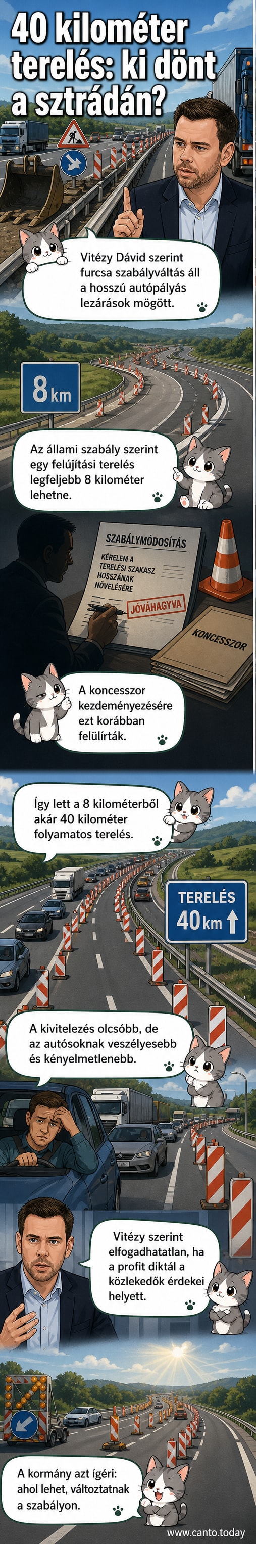 Vitézy Dávid közlekedési miniszter autópályán áll, mögötte hosszú terelőszakasz és figyelmeztető táblák.