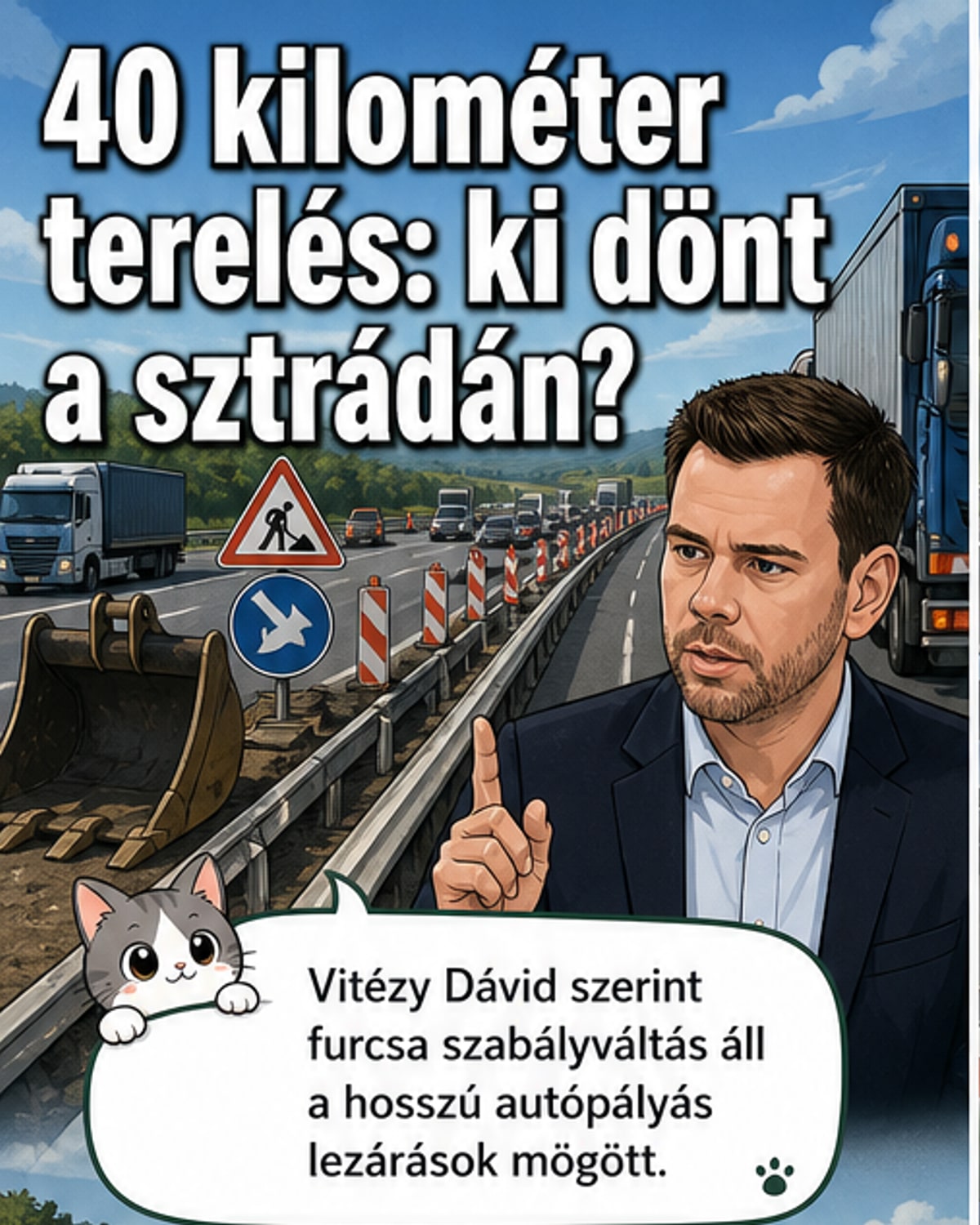 Vitézy Dávid közlekedési miniszter autópályán áll, mögötte hosszú terelőszakasz és figyelmeztető táblák.