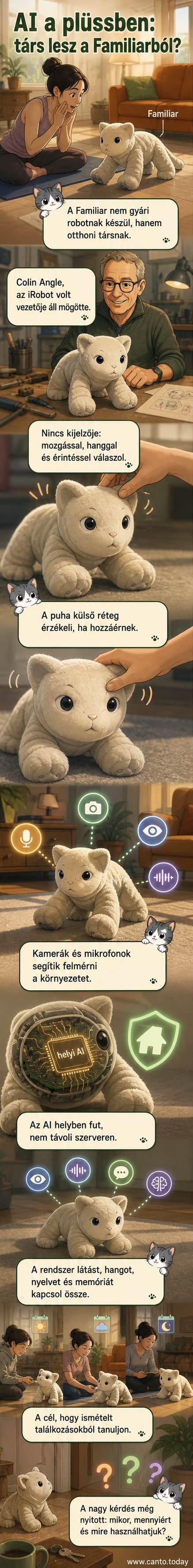 Egy puha, négylábú robotplüss áll egy nappaliban, szemei világítanak, mintha figyelne – mögötte ablak, növények, modern otthoni környezet.