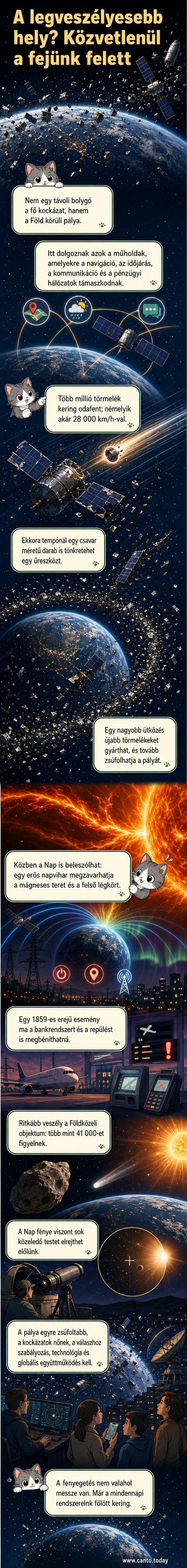 Illusztráció a Föld körüli pályáról, ahol műholdak és törmelékdarabok keringenek, közöttük apró csavaroktól a nagyobb szerkezetekig, a háttérben a Nap és a világűr sötétjével.