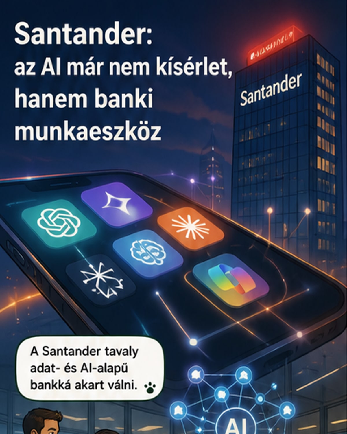 Illusztráció: ember és robot kezet fog, közöttük világító AI ikon, hátterben banképület