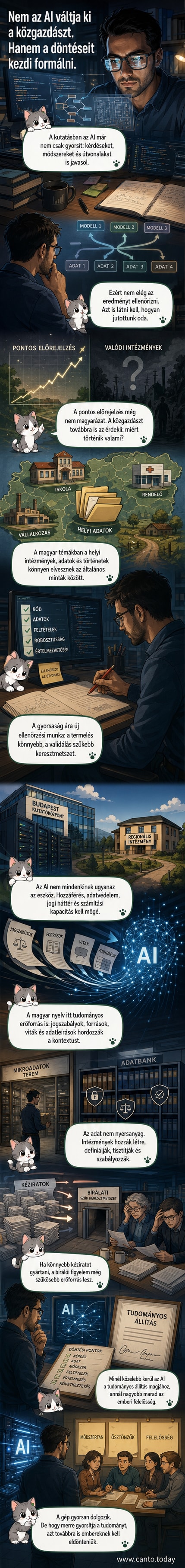 Illusztráció: közgazdász ül számítógép előtt, mögötte nagy adatáramlás és MI-szimbólumok, kezében döntési pontot jelölő jelzőtábla