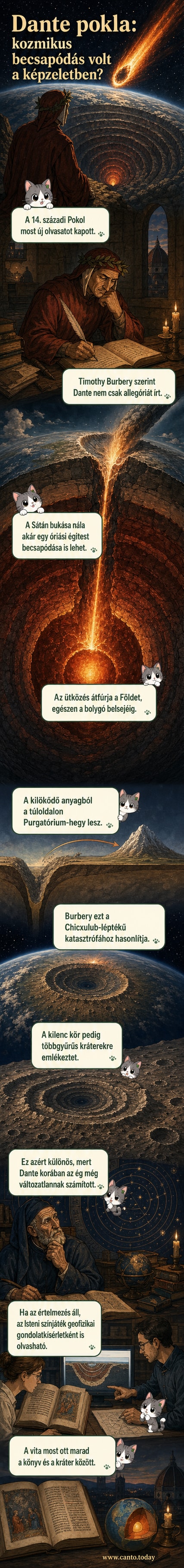 Dante Poklának illusztrációja, amely egy tölcsérszerű mélyedést ábrázol, alatta a Föld magjáig hatoló Sátán alakjával, mellette egy aszteroida becsapódásának képe