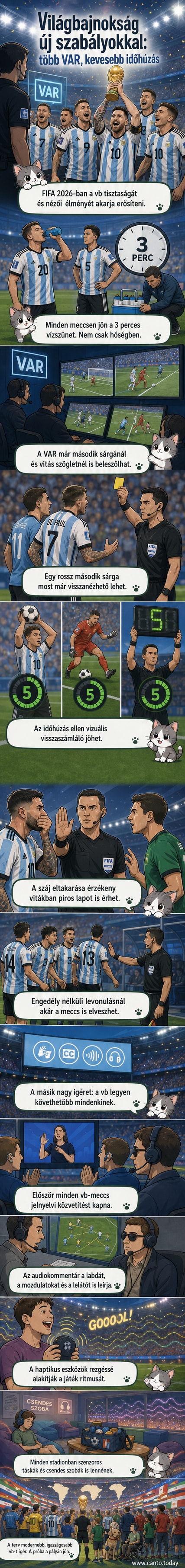 Labdarúgók egy stadionban, a háttérben digitális kijelzők mutatják az új szabályokat: VAR, visszaszámláló, jelnyelvi tolmács, haptikus eszköz.