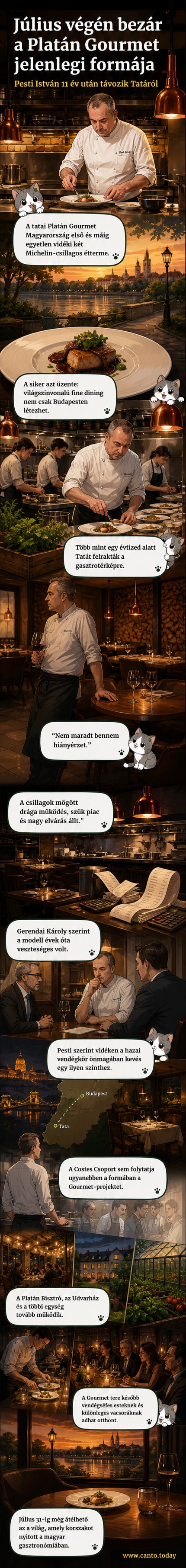 A tatai Platán Gourmet étterem épülete esti fényben, az előtérben asztalokkal és növényekkel.