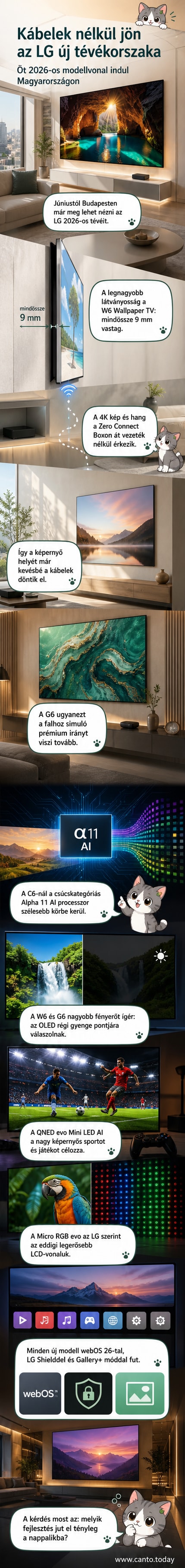 Ultravékony LG Wallpaper TV, amely szinte lebeg a falon, kábelek nélkül, modern nappaliban