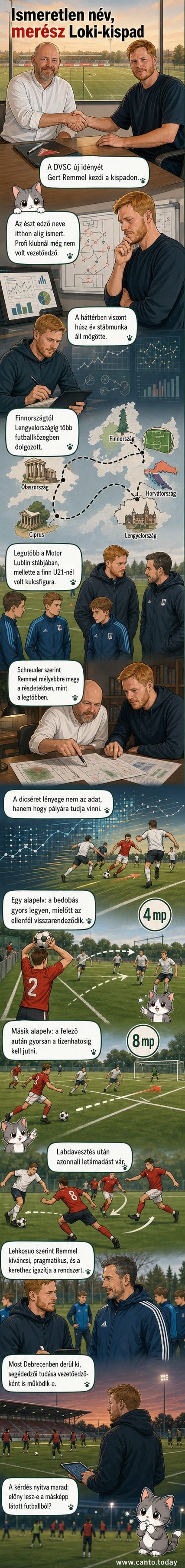 Gert Remmel, az új DVSC-edző, pályán állva elemzi a játékot, mögötte adatelemzések és táblák láthatók