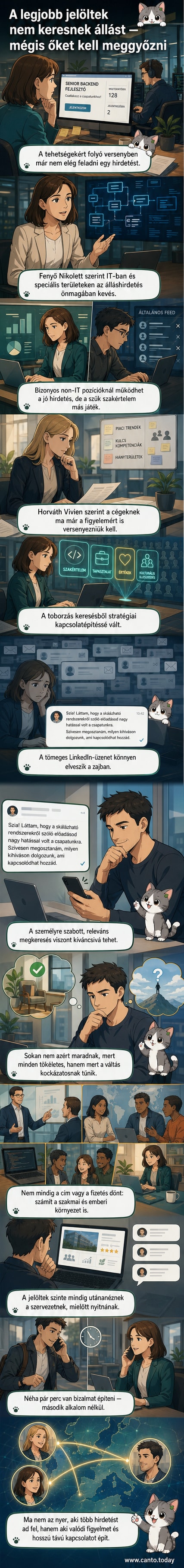 Illusztráció: egy recruiter személyre szabott üzenetet ír egy szakembernek, miközben a háttérben tömeges üzenetek halmozódnak fel.