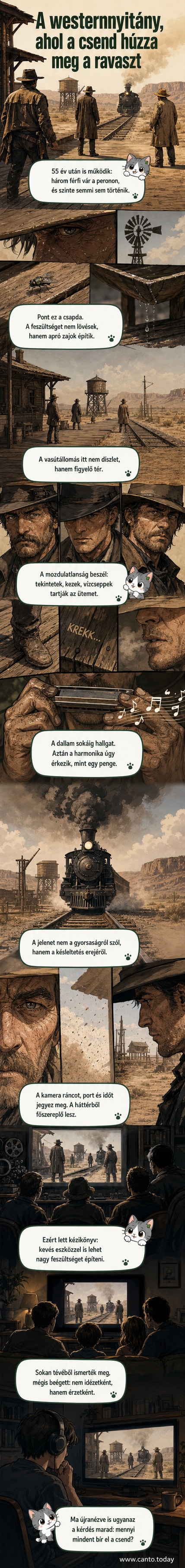 Egy elhagyatott vasútállomás peronján három bérgyilkos várakozik, a kamera lassan pásztázza az arcukat, a por és a csend uralkodik.