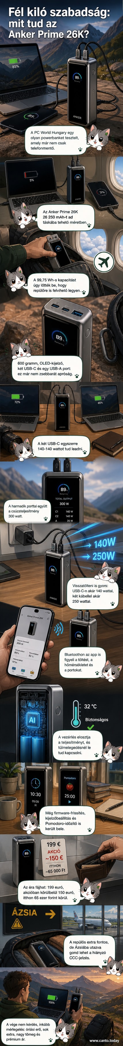 Egy ezüst színű, téglalap alakú powerbank elől, oldalt és felülnézetből, mellette mobiltelefon és laptop töltés közben.