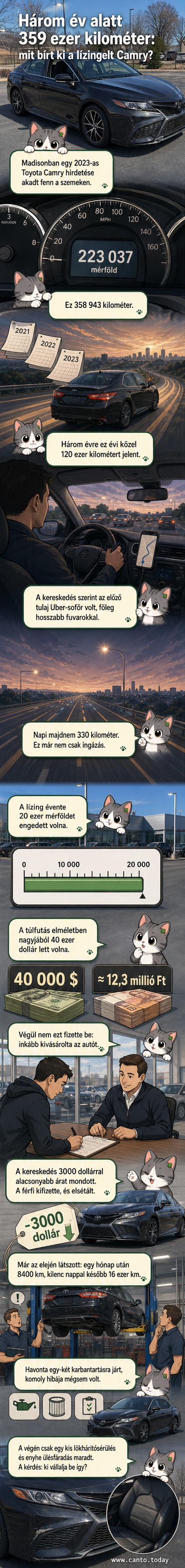 Egy kopott, de tiszta állapotú Toyota Camry parkol egy amerikai autókereskedés udvarán, a műszerfalja mellett látható a magas kilométerszámláló.
