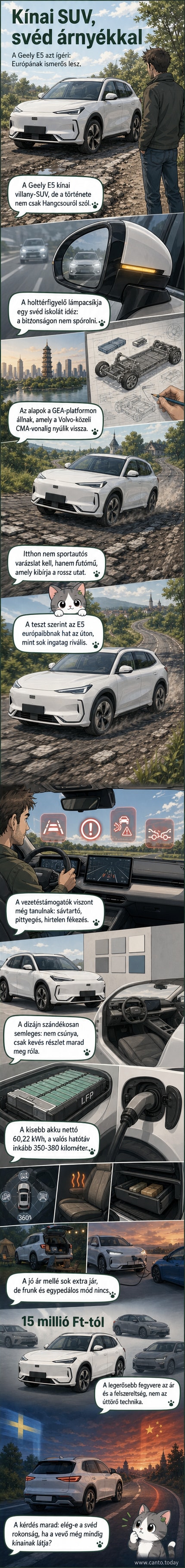 Geely E5 elektromos SUV közúton, a háttérben hegyekkel és nyílt tájjal, a karosszérián látható a modern, semleges dizájn és az oldaltükrök szélén világító biztonsági csík.