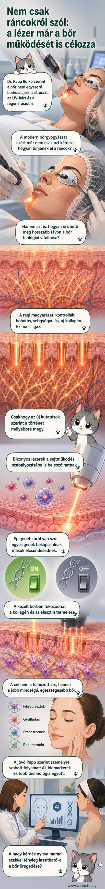 Illusztráció: női arc részlete, amin lézeres kezelés hatására újraépülő bőrszövetek láthatók mikroszkóp alatt, kollagénrostok újraképződnek.