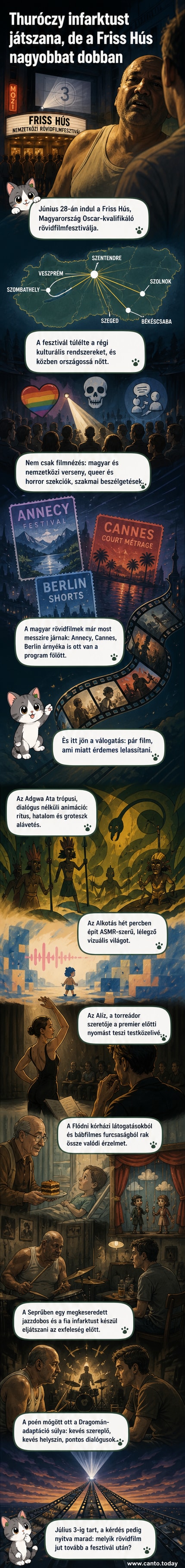 A Friss Hús 2026 főposzterje, amely színes, absztrakt vizuális elemekből áll, és különféle rövidfilmek jeleneteit idézi – például bábfigurákat, dobfelszerelést, medvét és animációs karaktereket.