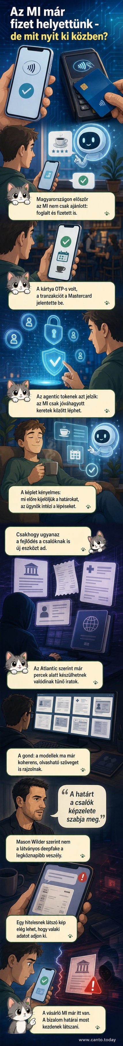 Illusztráció: egy mobiltelefon képernyőjén mesterséges intelligencia ikonja mellett bankkártya és kávéfogaskerék látható, hátul szürke háttéren digitális token-szimbólumok.