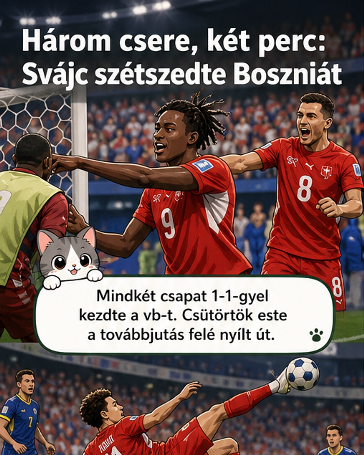 Svájc focistája, Manzambi, a gól utáni ünneplés közben, a pályán körülötte csapattársai