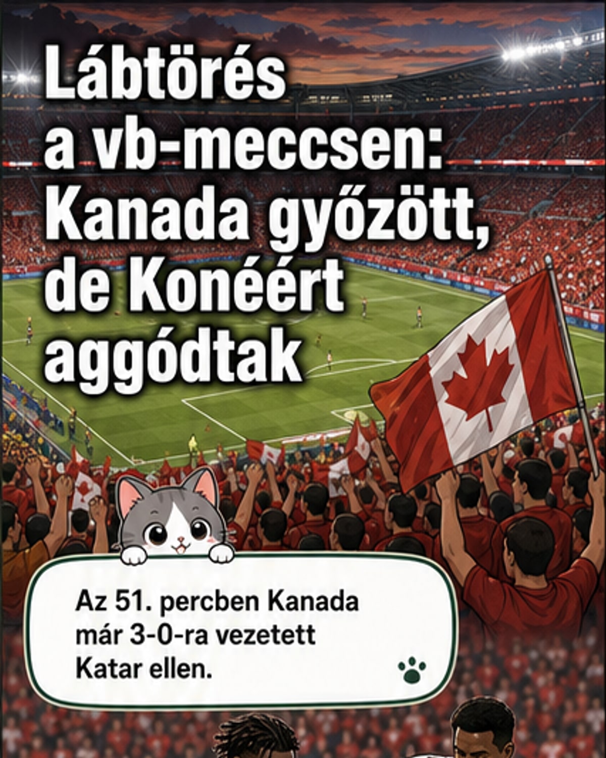 Egy focistát hordágyon visznek le a pályáról, miközben a közönség állva tapsol; a háttérben a játékvezető piros lapot mutat