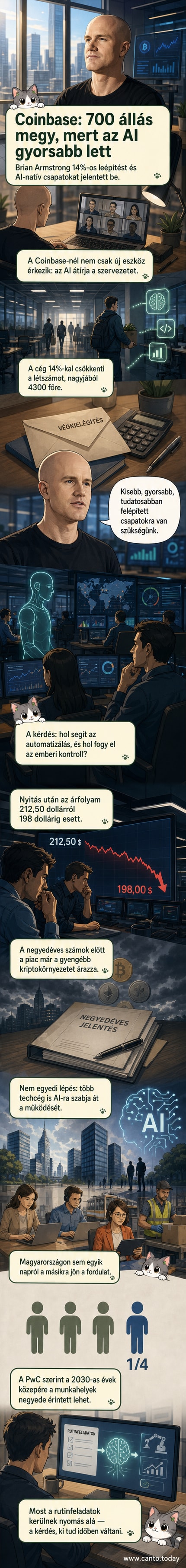Egy irodaasztalnál ülő ember mellett digitális AI-avatár áll, a háttérben pedig törlik a dolgozói listáról a neveket – a kép szimbolizálja az AI általi munkaerő-leváltást a Coinbase-nál.