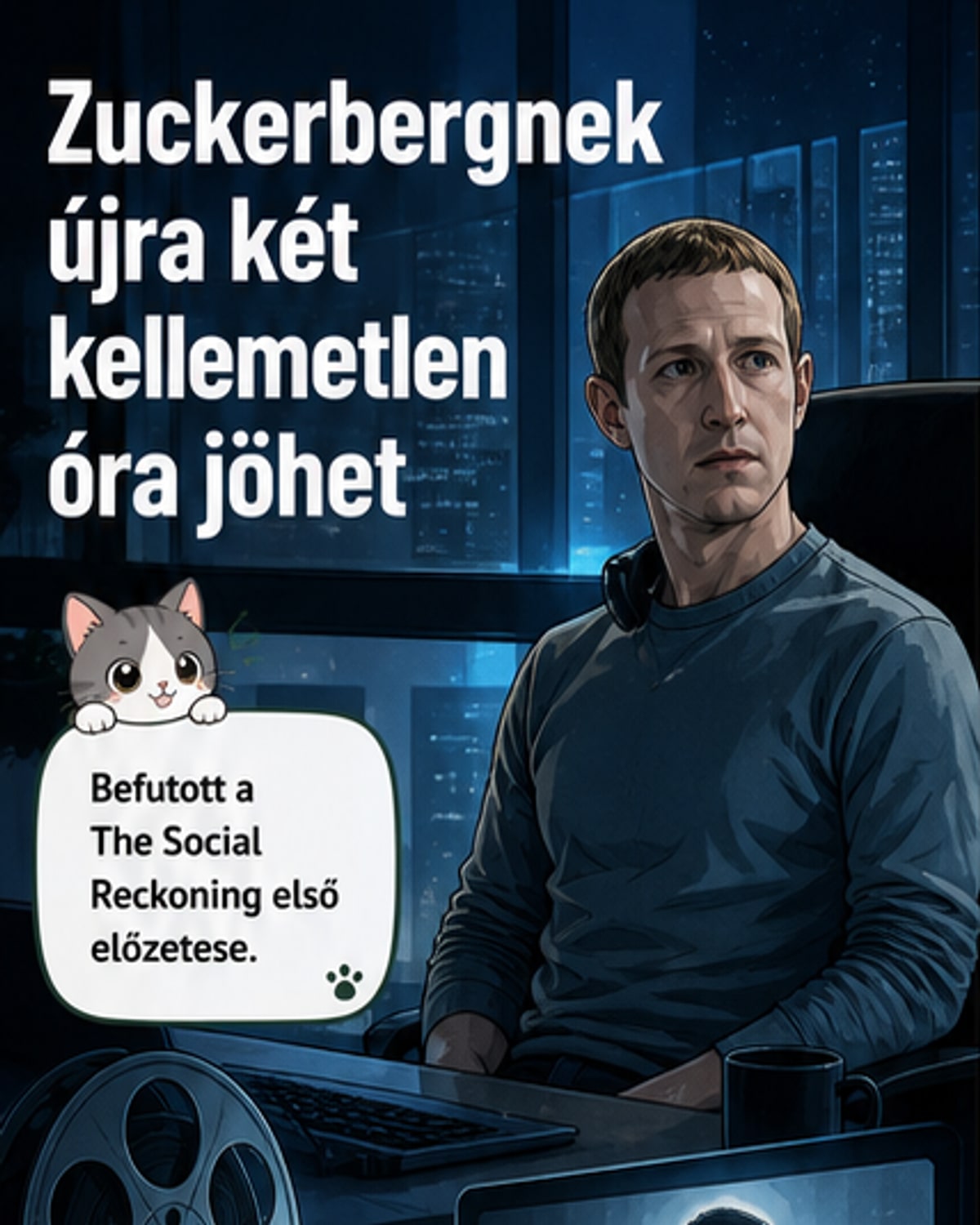 A The Social Reckoning című film előzetese: Jeremy Strong alakítja Mark Zuckerberget, mögötte a Facebook logóval.
