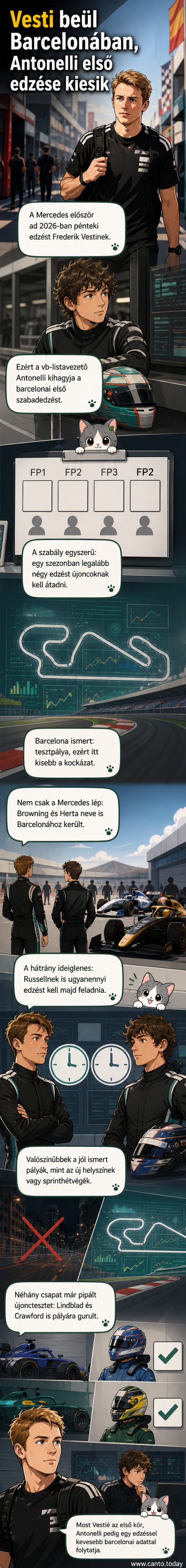 Frederik Vesti és Andrea Kimi Antonelli Forma-1-es Mercedes autók mellett, a katalán autópálya háttérben